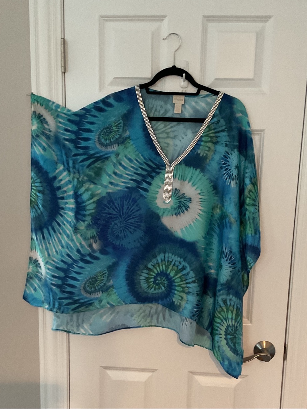 Chico's Teal & Blue Spiral-Print V-Neck Tunic with Rhinestone Trim